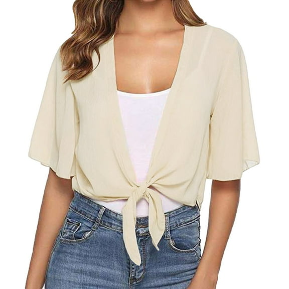 Women Tie Front Chiffon Short Sleeve Cropped Sheer Cardigan Formal Cardigan Long Wrap Cardigan Tops for Women Chiffon Cardigan Neck Cardigan Womens Cardigan plus Button down Cardigan Sweaters for