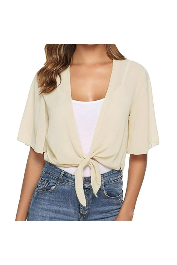 Women Tie Front Chiffon Short Sleeve Cropped Sheer Cardigan Formal Cardigan Long Wrap Cardigan Tops for Women Chiffon Cardigan Neck Cardigan Womens Cardigan plus Button down Cardigan Sweaters for