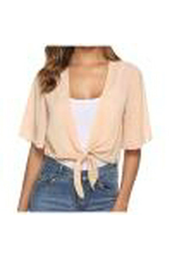 Women Tie Front Chiffon Shrug Lightweight Short Sleeve Cropped Sheer Bolero Shrug Cardigan for Beach Holiday