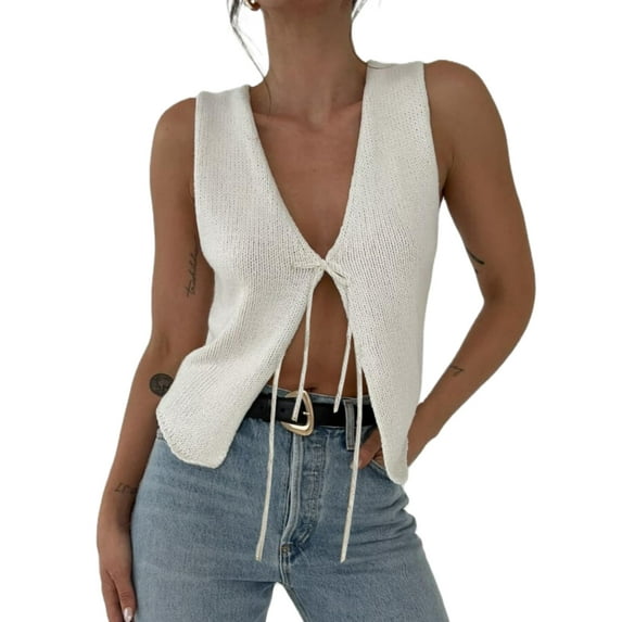 Women Tie Front Crochet Vest Top Y2k Knit V Neck Sleeveless Open Front Lace Up Vintage Knittd Crop Tank Tops Streetwear