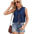 thumbnail image 1 of Women Tie Front Denim Tank Tops Spring Summer Casual Crew Neck Sleeveless Shirts Ruffle Vest Tops Dark Blue M, 1 of 8