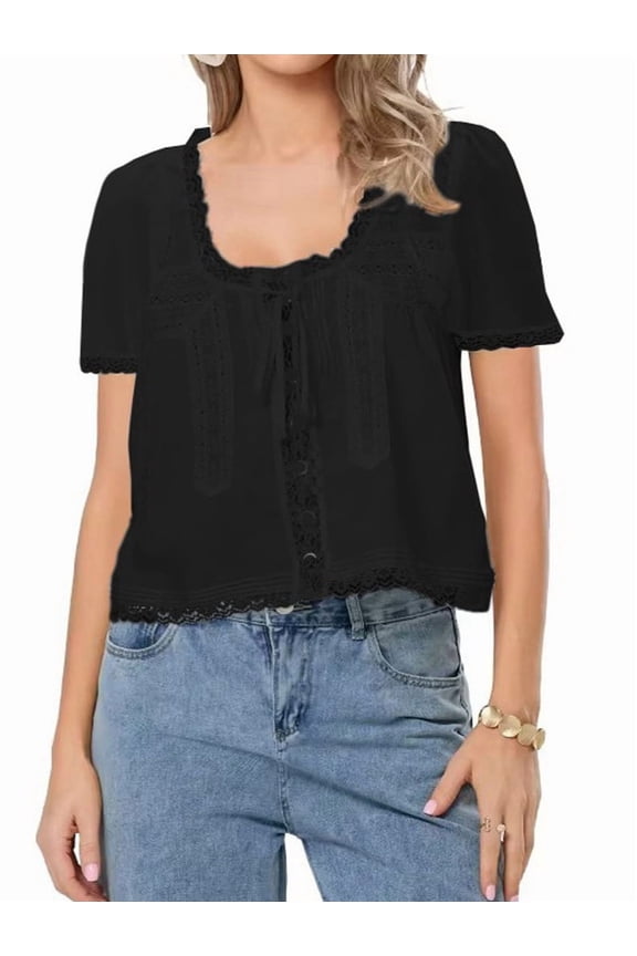 Women Tie Front Lace Trim Top Sheer Short Sleeve Scoop Neck Button Shirt Y2k Ruffle Flowy Boho Crop Tops Black M