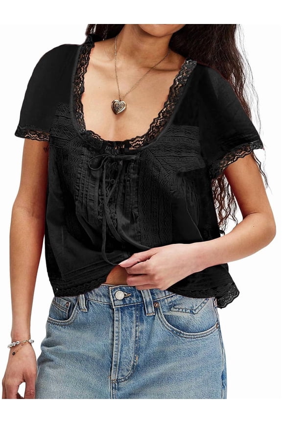 Women Tie Front Lace Trim Top Sheer Short Sleeve Scoop Neck Button Shirt Y2k Ruffle Flowy Boho Crop Tops Black M