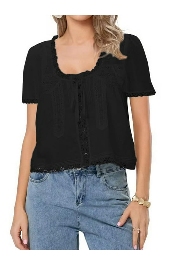 Women Tie Front Lace Trim Top Sheer Short Sleeve Scoop Neck Button Shirt Y2k Ruffle Flowy Boho Crop Tops Black S