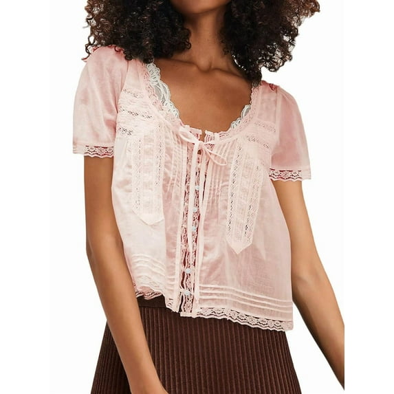 Women Tie Front Lace Trim Top Sheer Short Sleeve Scoop Neck Button Shirt Y2k Ruffle Flowy Boho Crop Tops Pink M
