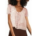 thumbnail image 1 of Women Tie Front Lace Trim Top Sheer Short Sleeve Scoop Neck Button Shirt Y2k Ruffle Flowy Boho Crop Tops Pink S, 1 of 7
