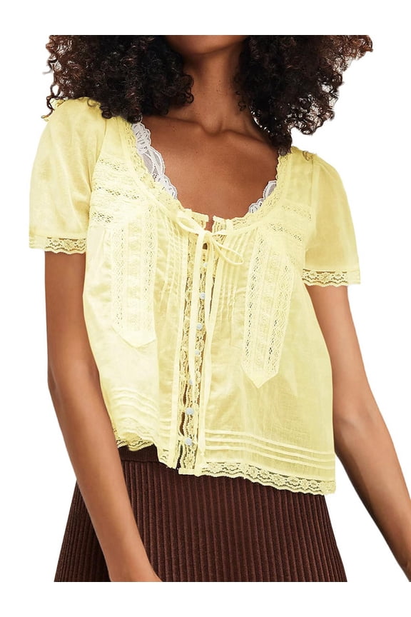 Women Tie Front Lace Trim Top Sheer Short Sleeve Scoop Neck Button Shirt Y2k Ruffle Flowy Boho Crop Tops Yellow L