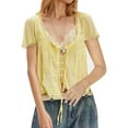 thumbnail image 1 of Women Tie Front Lace Trim Top Sheer Short Sleeve Scoop Neck Button Shirt Y2k Ruffle Flowy Boho Crop Tops Yellow S, 1 of 6