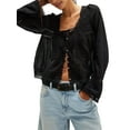 thumbnail image 1 of Women Tie Front Long Sleeve Top Lace Trim Button Shirt Square Neck Loose Blouse Going Out Y2k Clothes Black M, 1 of 9