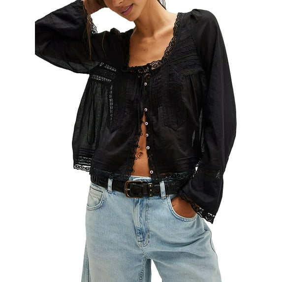 Women Tie Front Long Sleeve Top Lace Trim Button Shirt Square Neck Loose Blouse Going Out Y2k Clothes Black M