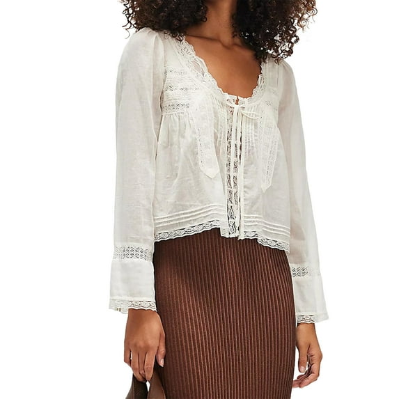 Women Tie Front Long Sleeve Top Lace Trim Button Shirt Square Neck Loose Blouse Going Out Y2k Clothes White M
