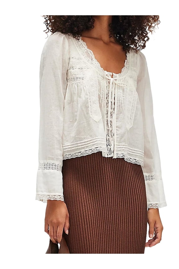 Women Tie Front Long Sleeve Top Lace Trim Button Shirt Square Neck Loose Blouse Going Out Y2k Clothes White M
