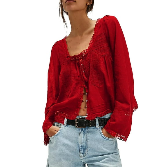 Women Tie Front Long Sleeve Top Lace Trim Button Shirt Square Neck Loose Blouse Going Out Y2k Clothes Wine Red M