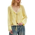 thumbnail image 1 of Women Tie Front Long Sleeve Top Lace Trim Button Shirt Square Neck Loose Blouse Going Out Y2k Clothes Yellow M, 1 of 8