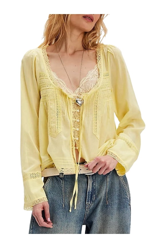 Women Tie Front Long Sleeve Top Lace Trim Button Shirt Square Neck Loose Blouse Going Out Y2k Clothes Yellow S