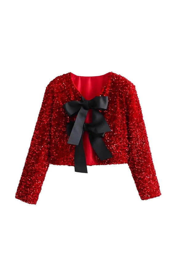 Women Tie Front Sequin Jacket Long Sleeve Sparkly Cropped Coat Outwear with Bow Party Bow Party Concert Night Club (M, Red)