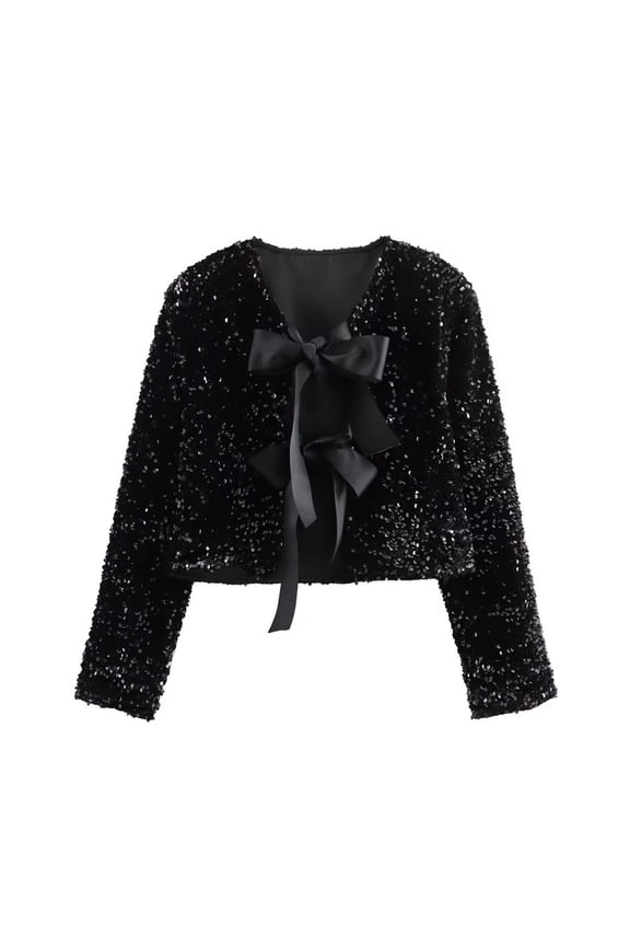 Women Tie Front Sequin Jacket Long Sleeve Sparkly Cropped Coat Outwear with Bow Party Bow Party Concert Night Club (XS, Black)