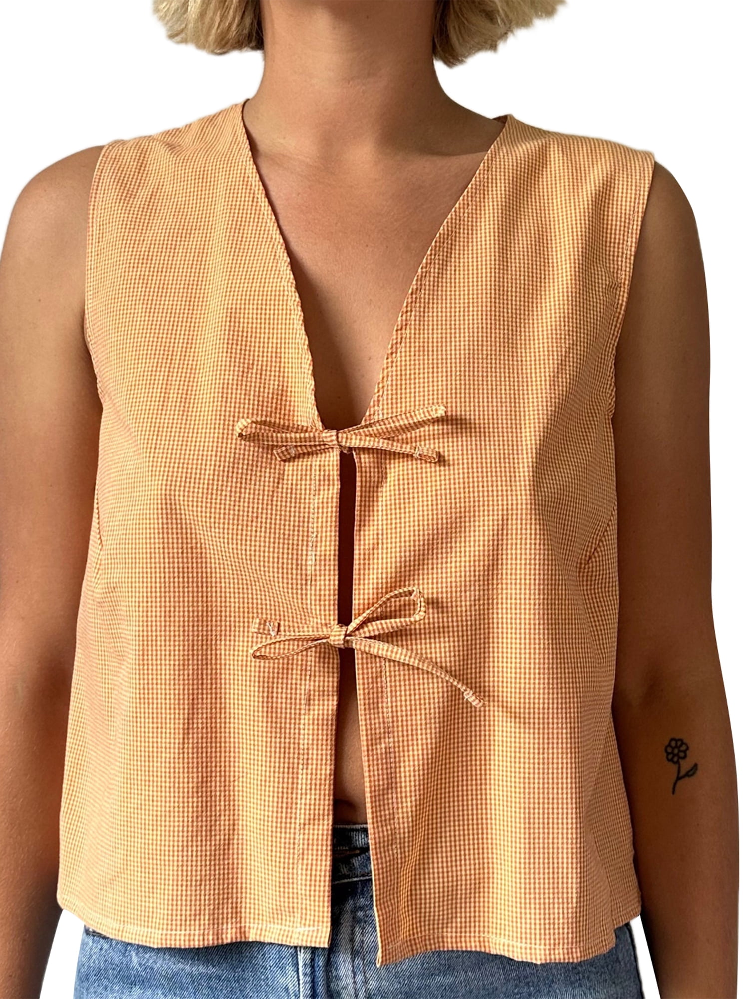 Women Tie Front Tank Top Cute Crop Top Vest Plaid Printing Sleevless