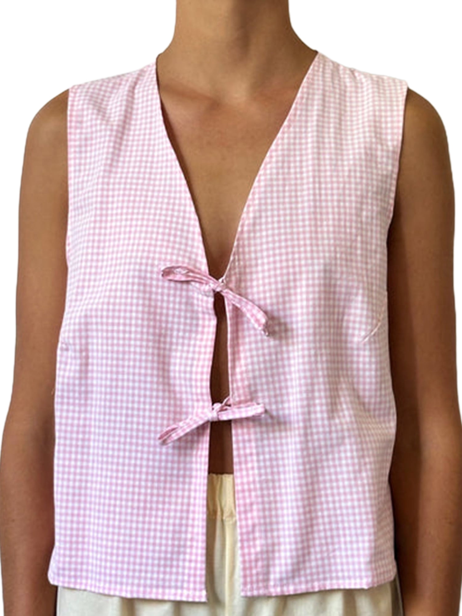 Women Tie Front Tank Top Cute Crop Top Vest Plaid Printing Sleevless