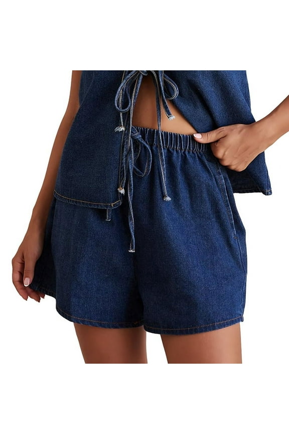 Women Tie Front Top 2 Piece Outfit Denim Set Sleeveless Deep V Neck Vest Jean Elastic Waist Shorts Sets Dark Blue L