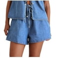thumbnail image 1 of Women Tie Front Top 2 Piece Outfit Denim Set Sleeveless Deep V Neck Vest Jean Elastic Waist Shorts Sets Light Blue M, 1 of 7