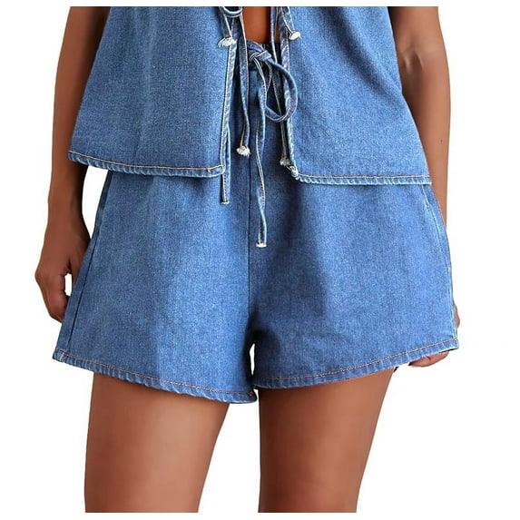 Women Tie Front Top 2 Piece Outfit Denim Set Sleeveless Deep V Neck Vest Jean Elastic Waist Shorts Sets Light Blue XXL