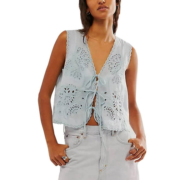 Women Tie Front Vest Floral Eyelet Embroidered Tank Y2K Sleeveless V Neck Crop Shirt Top Light Blue S