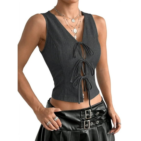 Women Tie Front Vest Top Open Front Crop Tanks Summer Waistcoat Sleeveless Y2K Outfits Shirt Dark Gray L