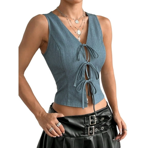 Women Tie Front Vest Top Open Front Crop Tanks Summer Waistcoat Sleeveless Y2K Outfits Shirt Grey L