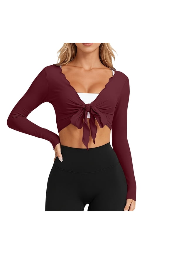 Women Tie Front Wrap Tops Long Sleeve Pilate Ruffle Bolero Shrugs Crop Yoga Layering Workout Cardigan