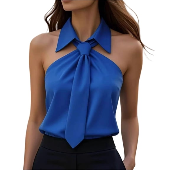 Women Tie-Neck Halter Blouse Off Shoulder Sleeveless Shirt Bow Tie Bodycon Top Summer Casual Pullover Dark Blue L