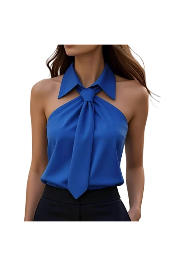 Women Tie-Neck Halter Blouse Off Shoulder Sleeveless Shirt Bow Tie Bodycon Top Summer Casual Pullover Dark Blue S