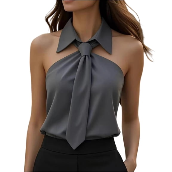 Women Tie-Neck Halter Blouse Off Shoulder Sleeveless Shirt Bow Tie Bodycon Top Summer Casual Pullover Gray L