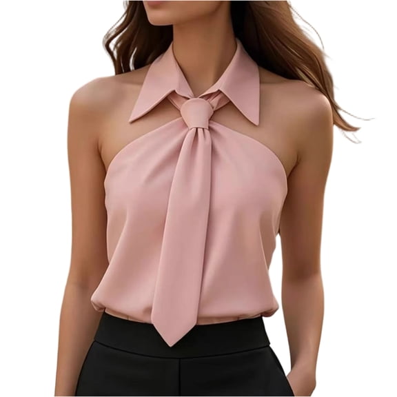 Women Tie-Neck Halter Blouse Off Shoulder Sleeveless Shirt Bow Tie Bodycon Top Summer Casual Pullover Pink L
