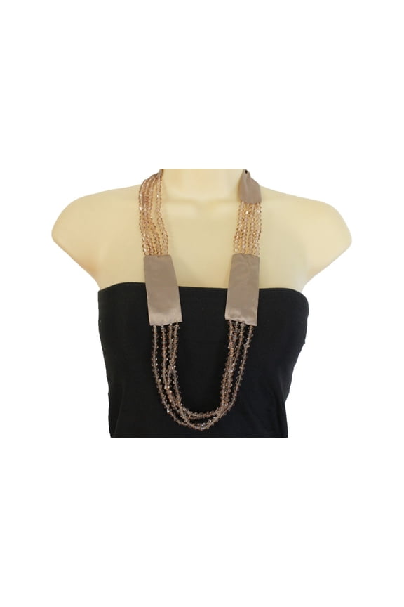 Women Tie Satin Fabric Long Tie Statement Mocha Brown Beads Necklace Feminine