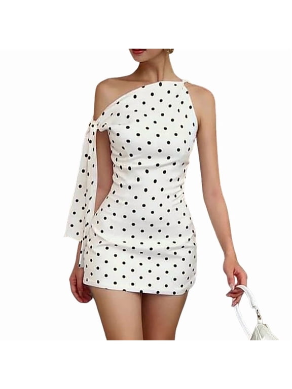 Women Tie Up Polka Dot Print Mini Dress Sleeveless Round Neck Open Back A-Line Short Dress White L