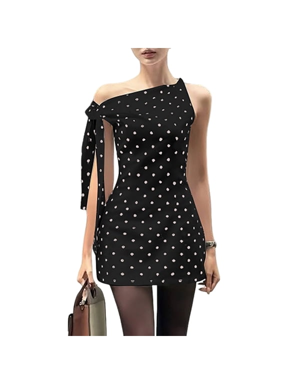 Women Tie Up Polka Dot Print Mini Dress Sleeveless Round Neck Open Back A-Line Short Dress