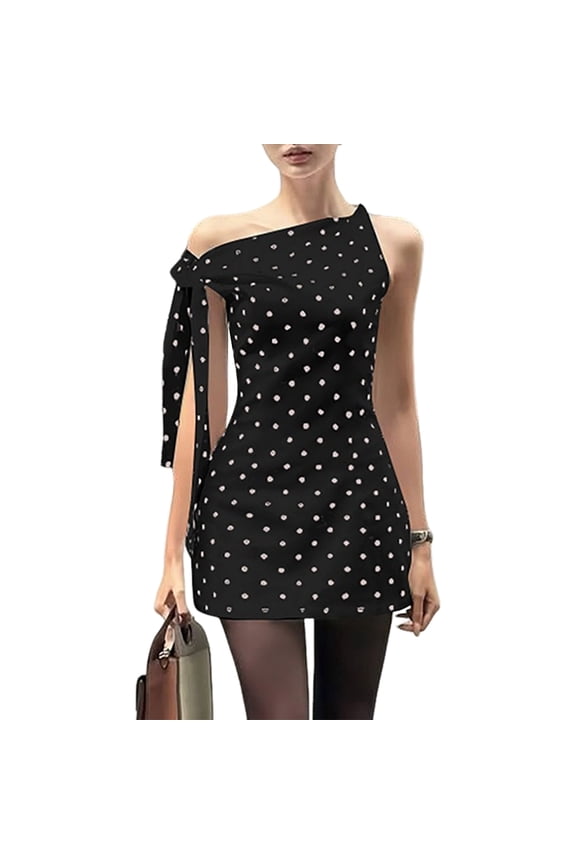 Women Tie Up Polka Dot Print Mini Dress Sleeveless Round Neck Open Back A-Line Short Dress