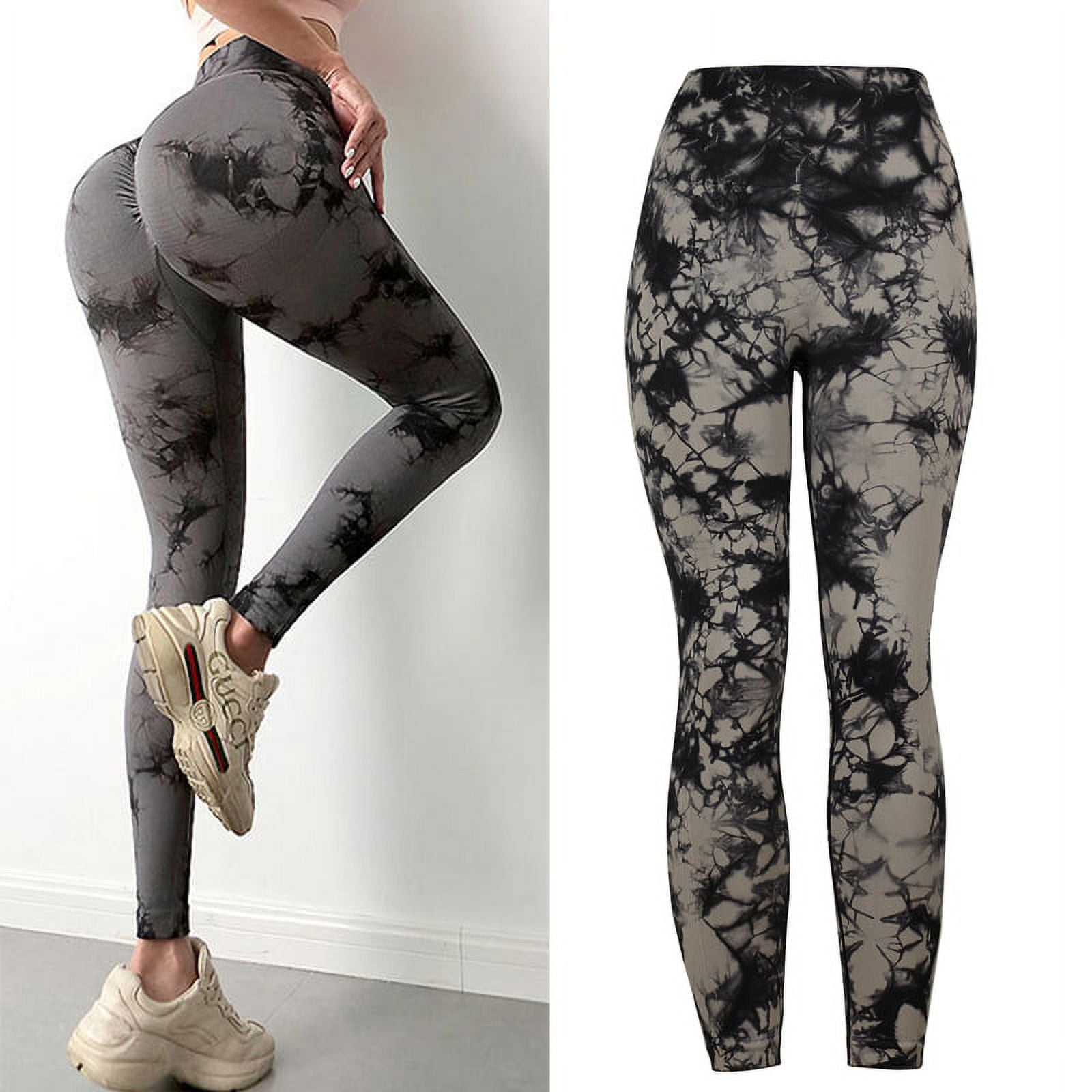 Women Tie-dyed High Waist Gym Exercise Sports Leggings,Black gray 