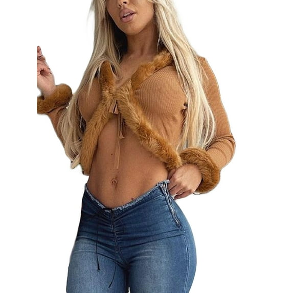 Women Tie-up Crop Tops Adults Y2k Sexy Solid Color Long Sleeve V-Neck Fur Trim Cardigan