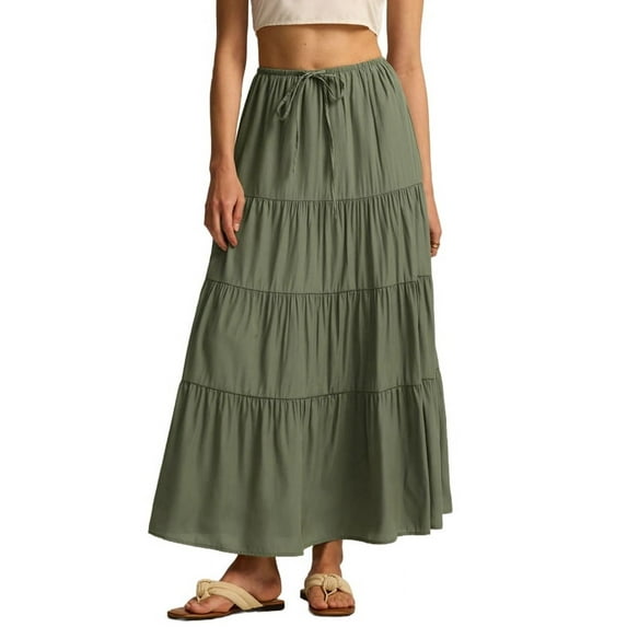 Women Tiered Long Skirts Pleated A Line Adjustable Elastic Waist with Drawstring Flowy Long Skirt Army Green L