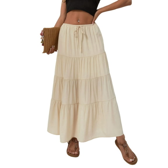 Deliqiba Women Tiered Long Skirts Pleated A Line Adjustable Elastic Waist with Drawstring Flowy Long Skirt Beige L