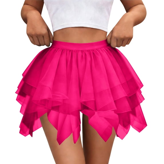 Women Tiered Mini Tulle Skirt Casual Solid Color Elastic High-Waisted Asymmetrical Skirt Ladies' Spring And Summer Casual Mesh Skirt for Beach/Party/Vacation, Size S-2XL