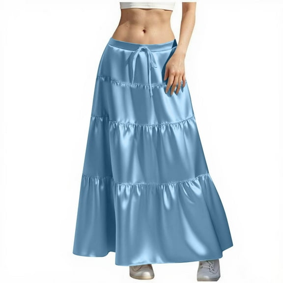 Women Tiered Satin Skirts Elegant Silk Aline Flare Long Maxi Skirt with Drawstring Light Blue, XXL