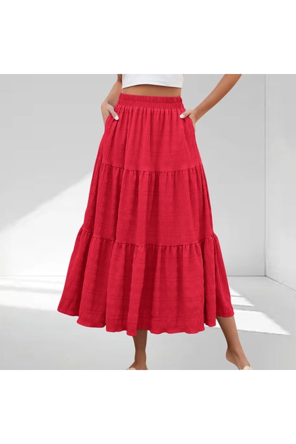 Women Tiered Solid Color Casual Maxi Skirt with High Waist Flowy Long Skirt with Pockets Beach Vacation Skirt Red XL