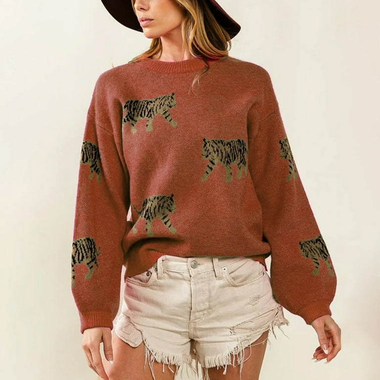 Women Tiger Graphic Sweater Casual Warm Long Sleeve Knit Pullover