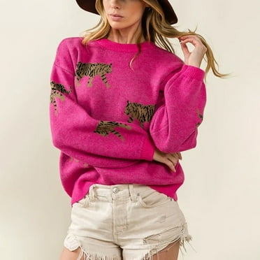 Women Tiger Graphic Sweater Casual Warm Long Sleeve Knit Pullover Loose Basic Knitwear Tops for Fall Streetwear