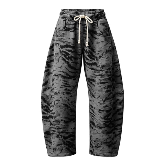 Women Tiger Stripe Printed Wide Leg Casual Pants Elastic Drawstring Waist Pants With Side Pockets Loose Trousers For Daily Autumn Winter Wear