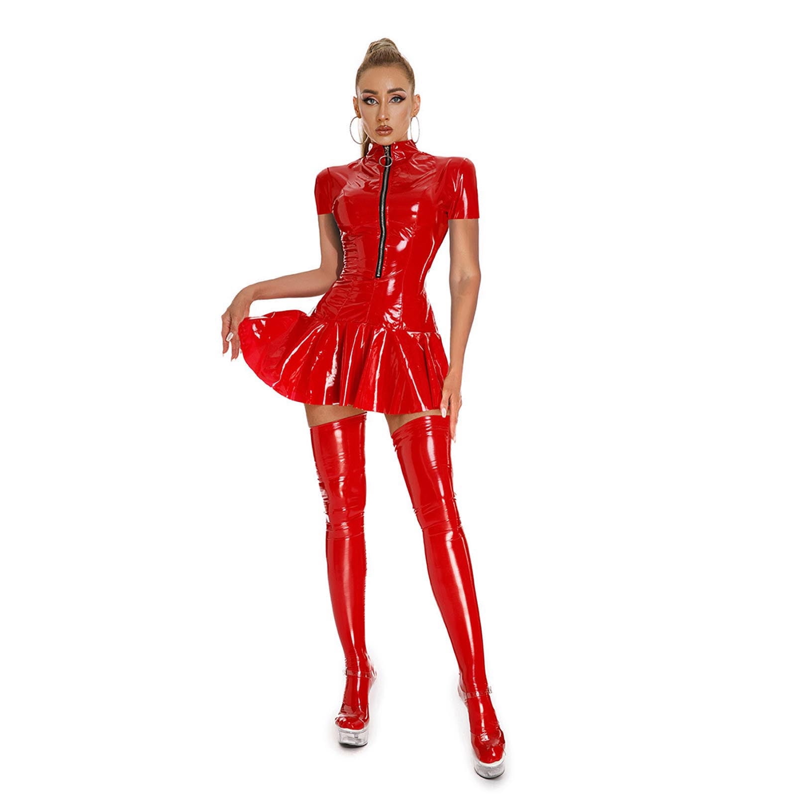 Women Tight Shiny Sexy Leather Nightclub Performance Dress Short ...
