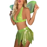 Women Tinkerbell Fairy Costume Cosplay Dress Up with Wings Crop Tops Mini Skirt Halloween Christmas Party
